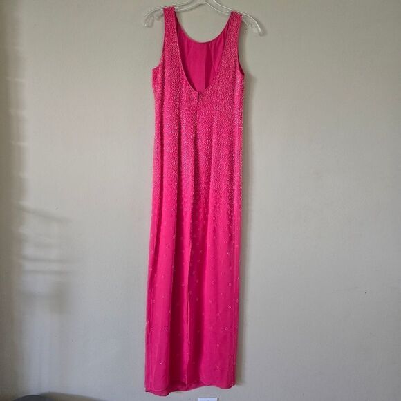 100% Silk Beaded Maxi Dress Embellished Pink Y2K Size 8 by Suzanne  Barbiecore - Picture 13 of 13